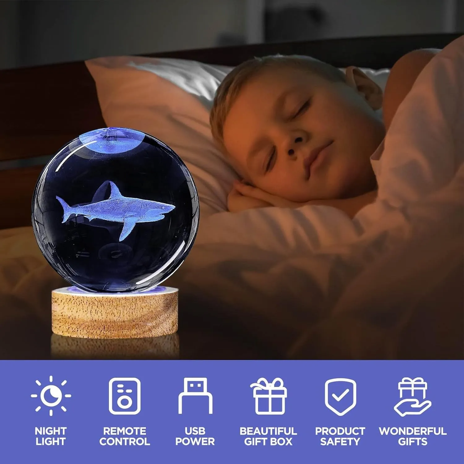 3D Crystal Ball Night Light with Wooden Base, 3.15" Shark Glass Ball Lamp, 16 Colors, Remote Control, Cool Desk Decor
