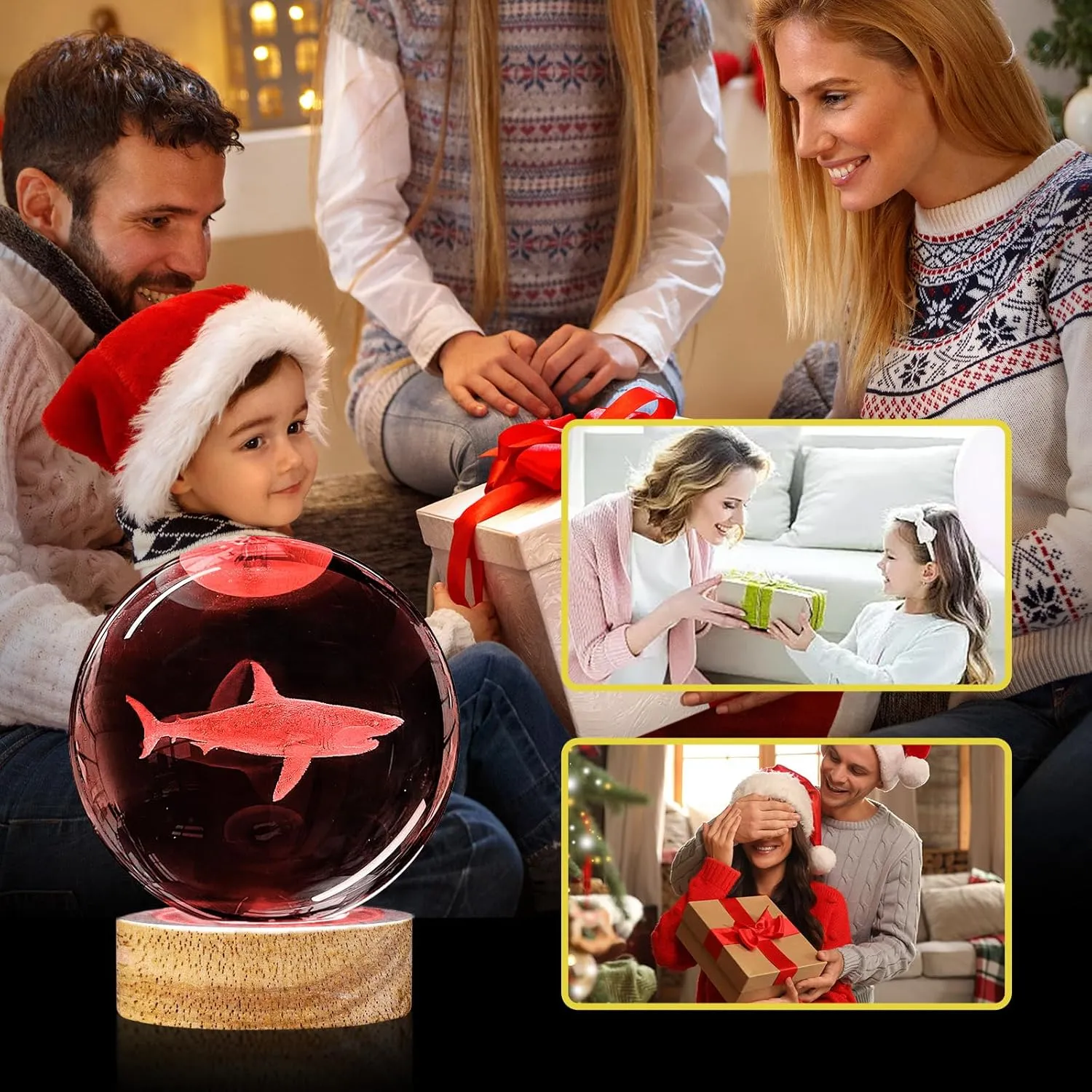 3D Crystal Ball Night Light with Wooden Base, 3.15" Shark Glass Ball Lamp, 16 Colors, Remote Control, Cool Desk Decor