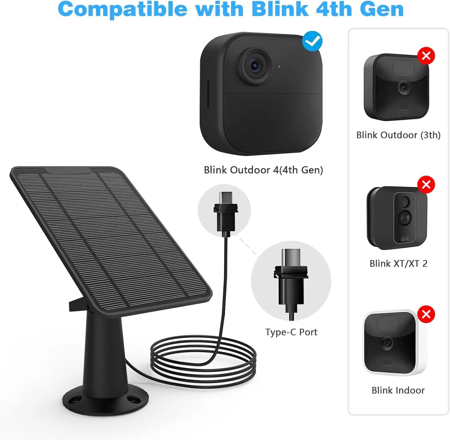 4 Pack 6W Solar Panel for Blink Outdoor 4（4th Gen Camera Solar Panel Charger Compatible with Blink Camera Solar Panel with Battery, Secure Wall Mount, 13.12ft Cable, IP65 Weatherproof, 360° Bracket