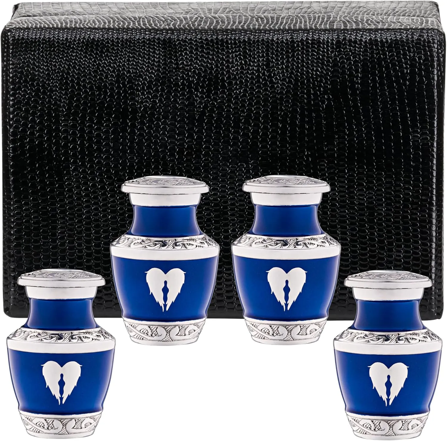 4 Pack Small Urns for Ashes for Women or Men - Set of 4 Blue Mini Urn with Angel Wings - Heart Earn Male and Female Cremation Keepsakes - Memorial Burial