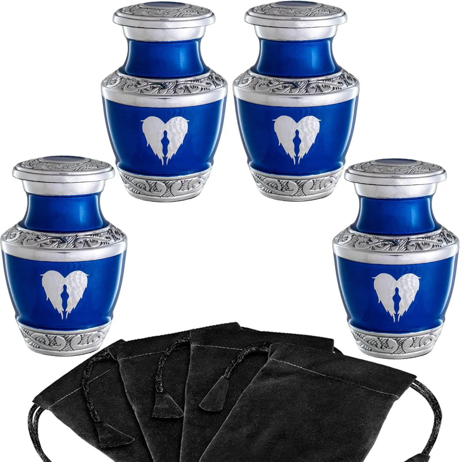4 Pack Small Urns for Ashes for Women or Men - Set of 4 Blue Mini Urn with Angel Wings - Heart Earn Male and Female Cremation Keepsakes - Memorial Burial