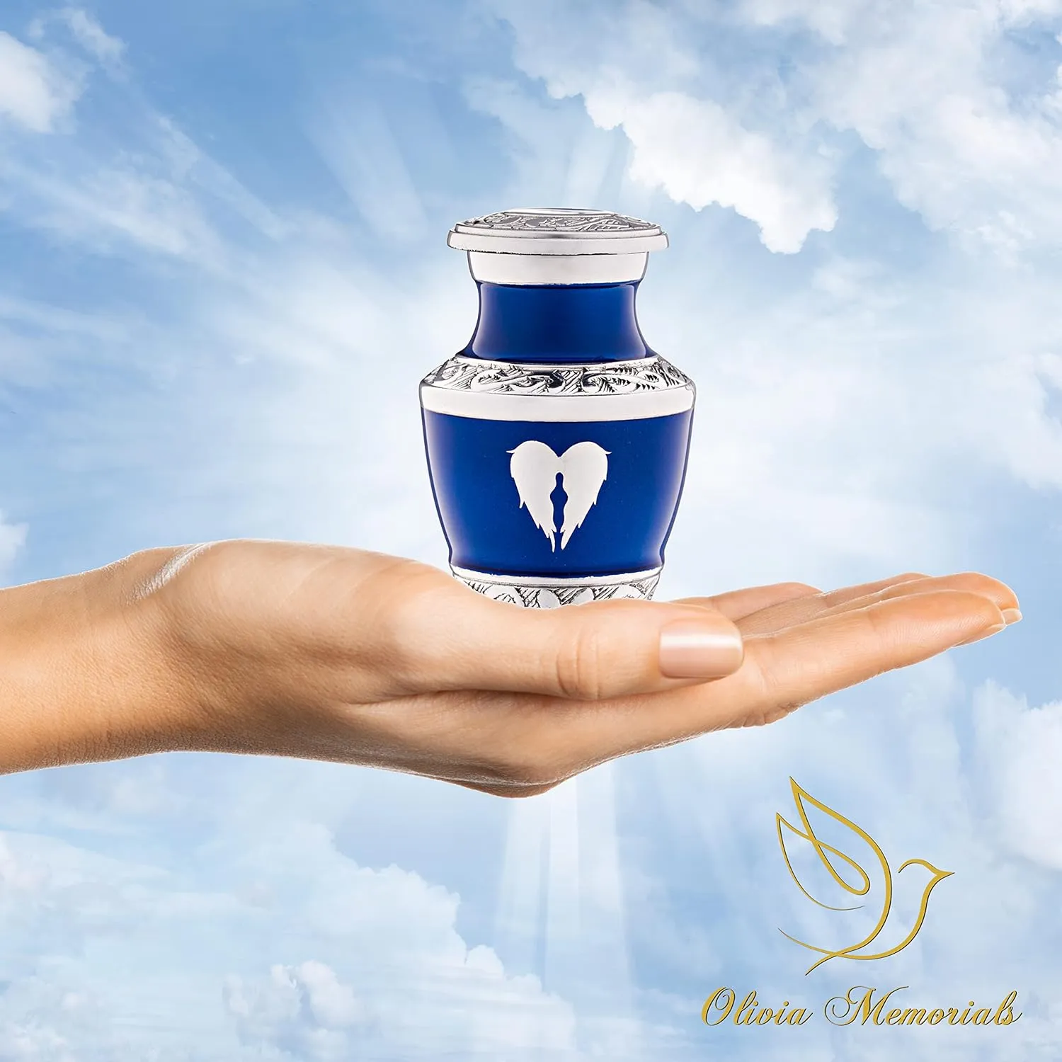 4 Pack Small Urns for Ashes for Women or Men - Set of 4 Blue Mini Urn with Angel Wings - Heart Earn Male and Female Cremation Keepsakes - Memorial Burial