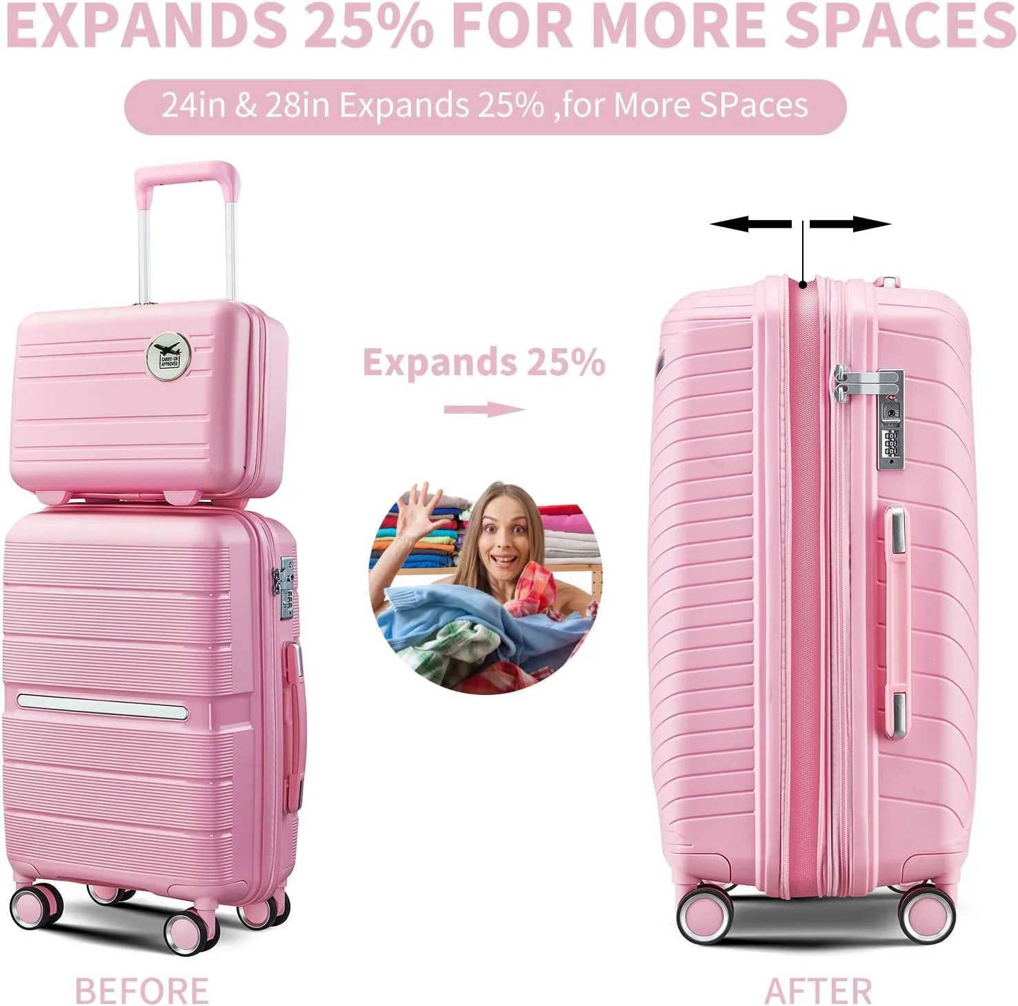 4-Piece Luggage Set, Lightweight Expandable Carry-On Set, TSA Lock, Soundproof Wheel, Aluminium Alloy Tie Rod, PP Material (06 PINK)