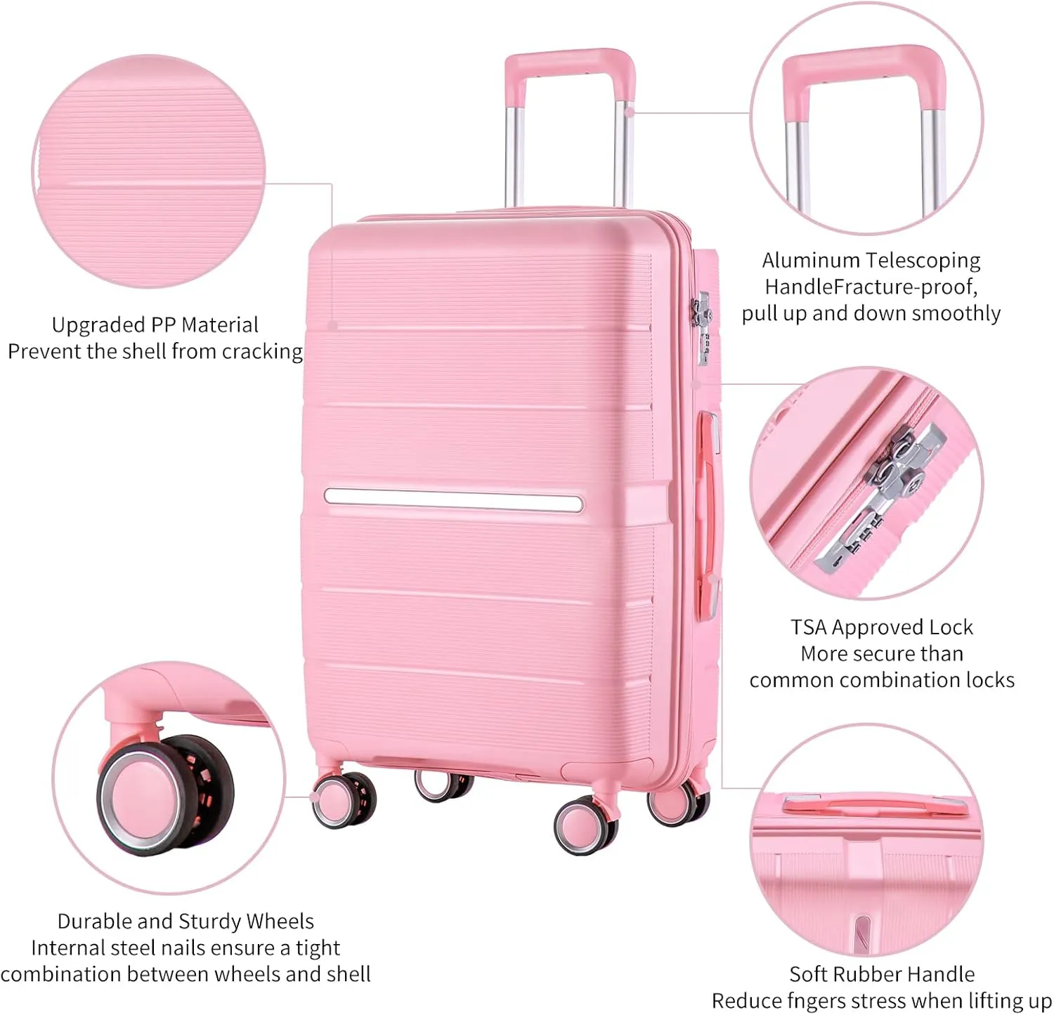4-Piece Luggage Set, Lightweight Expandable Carry-On Set, TSA Lock, Soundproof Wheel, Aluminium Alloy Tie Rod, PP Material (06 PINK)