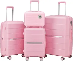 4-Piece Luggage Set, Lightweight Expandable Carry-On Set, TSA Lock, Soundproof Wheel, Aluminium Alloy Tie Rod, PP Material (06 PINK)