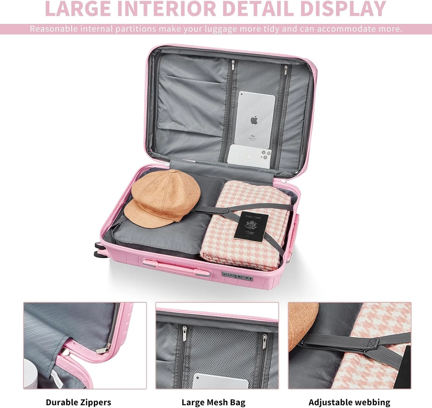 4-Piece Luggage Set, Lightweight Expandable Carry-On Set, TSA Lock, Soundproof Wheel, Aluminium Alloy Tie Rod, PP Material (06 PINK)