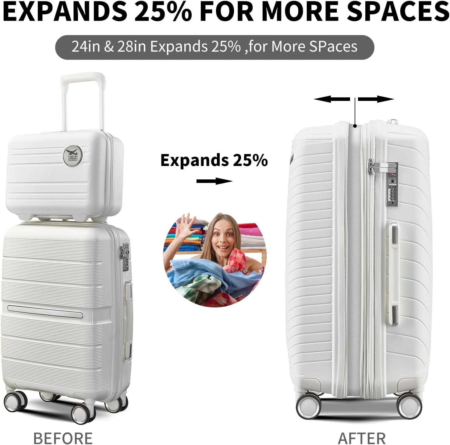 4-Piece Luggage Set, Lightweight Expandable Carry-On Set, TSA Lock, Soundproof Wheel, Aluminium Alloy Tie Rod, PP Material (06 WHITE)