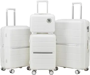 4-Piece Luggage Set, Lightweight Expandable Carry-On Set, TSA Lock, Soundproof Wheel, Aluminium Alloy Tie Rod, PP Material (06 WHITE)