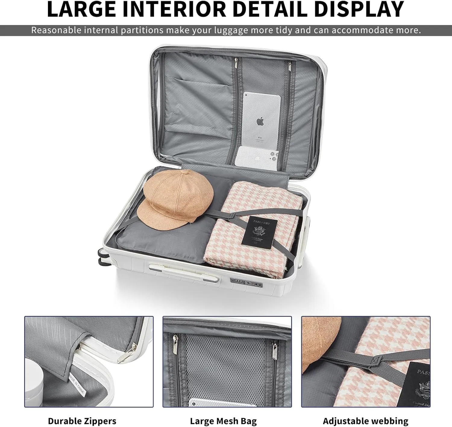 4-Piece Luggage Set, Lightweight Expandable Carry-On Set, TSA Lock, Soundproof Wheel, Aluminium Alloy Tie Rod, PP Material (06 WHITE)