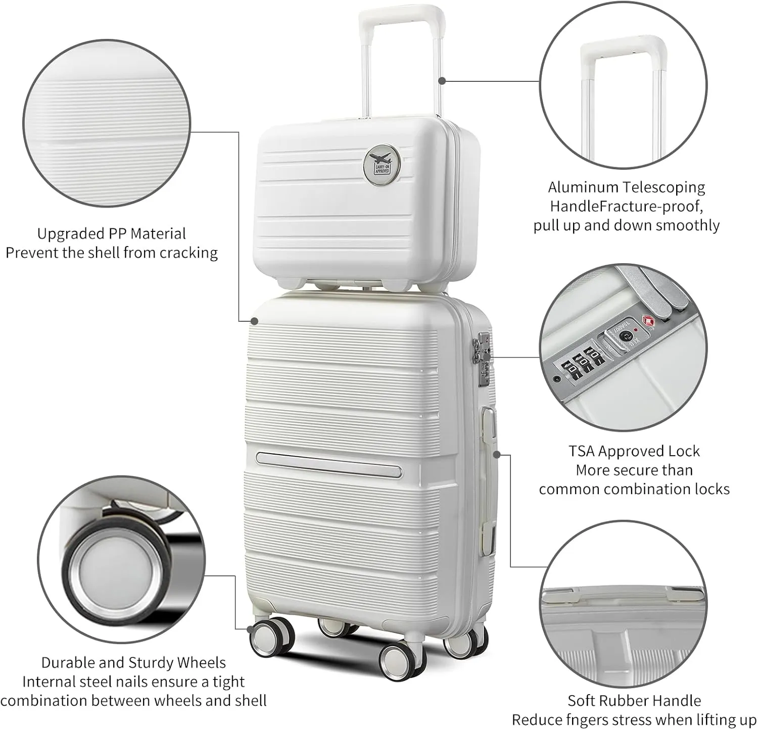 4-Piece Luggage Set, Lightweight Expandable Carry-On Set, TSA Lock, Soundproof Wheel, Aluminium Alloy Tie Rod, PP Material (06 WHITE)