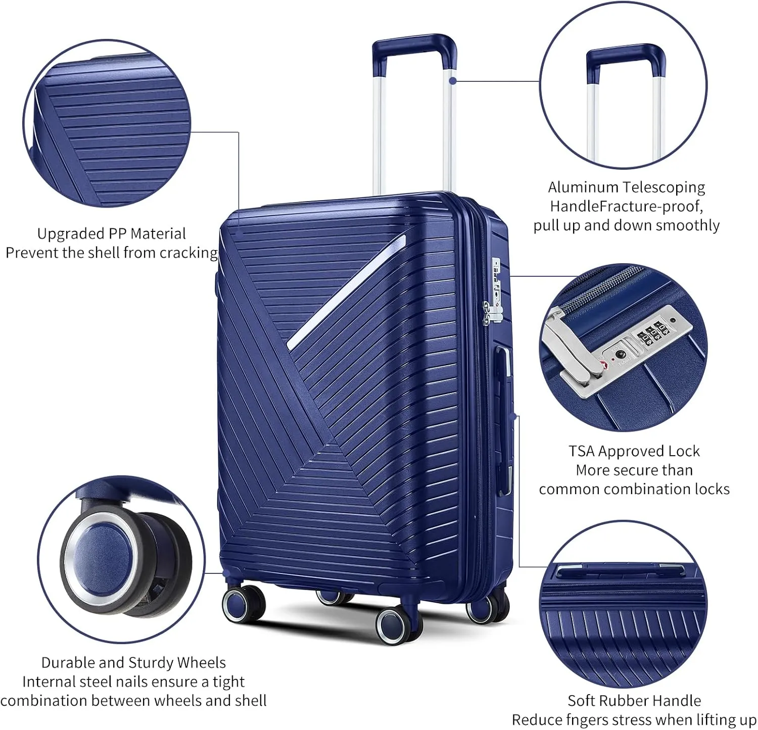 4-Piece Luggage Set, Lightweight Expandable Carry-On Set, TSA Lock, Soundproof Wheel, Aluminium Alloy Tie Rod, PP Material (BLUE)