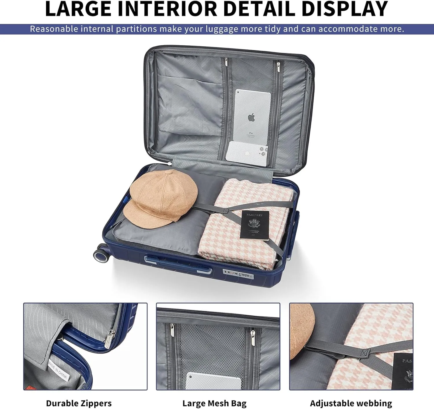 4-Piece Luggage Set, Lightweight Expandable Carry-On Set, TSA Lock, Soundproof Wheel, Aluminium Alloy Tie Rod, PP Material (BLUE)