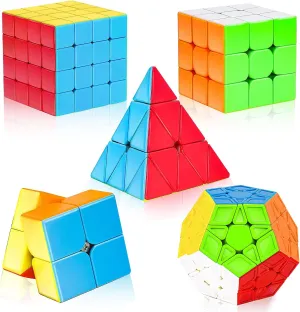 5 Pack Magic Cube Set - 3x3, 2x2, 4x4, Pyramid Megaminx, Stickerless Speed Cubes for Kids & Adults