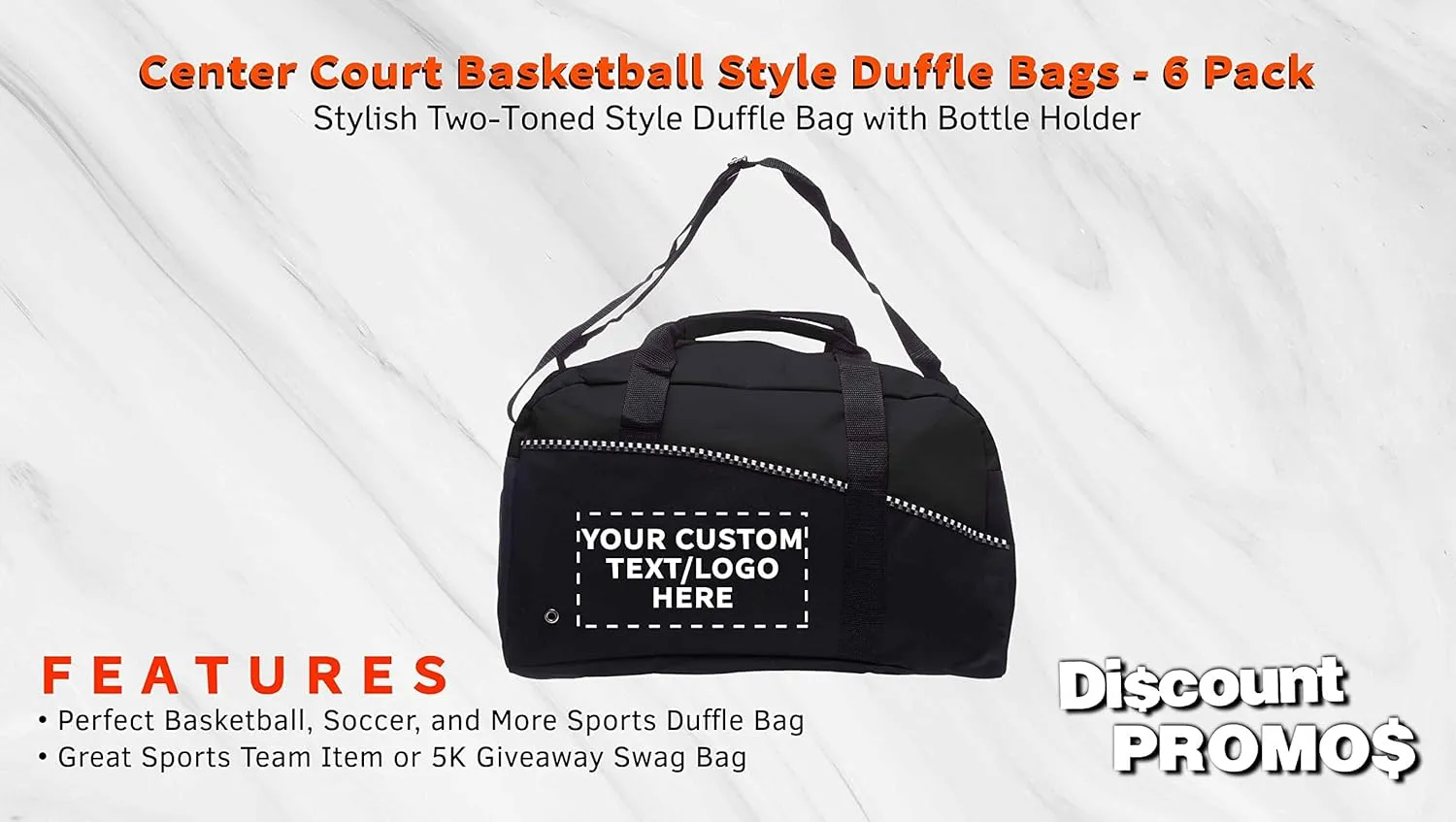 6 Center Court Duffel Bags Set - Customizable Text, Logo - Polyester, Zippered, Front Pocket, Adjustable Strap - Black