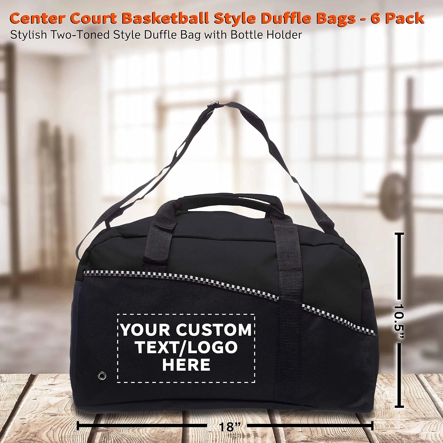 6 Center Court Duffel Bags Set - Customizable Text, Logo - Polyester, Zippered, Front Pocket, Adjustable Strap - Black