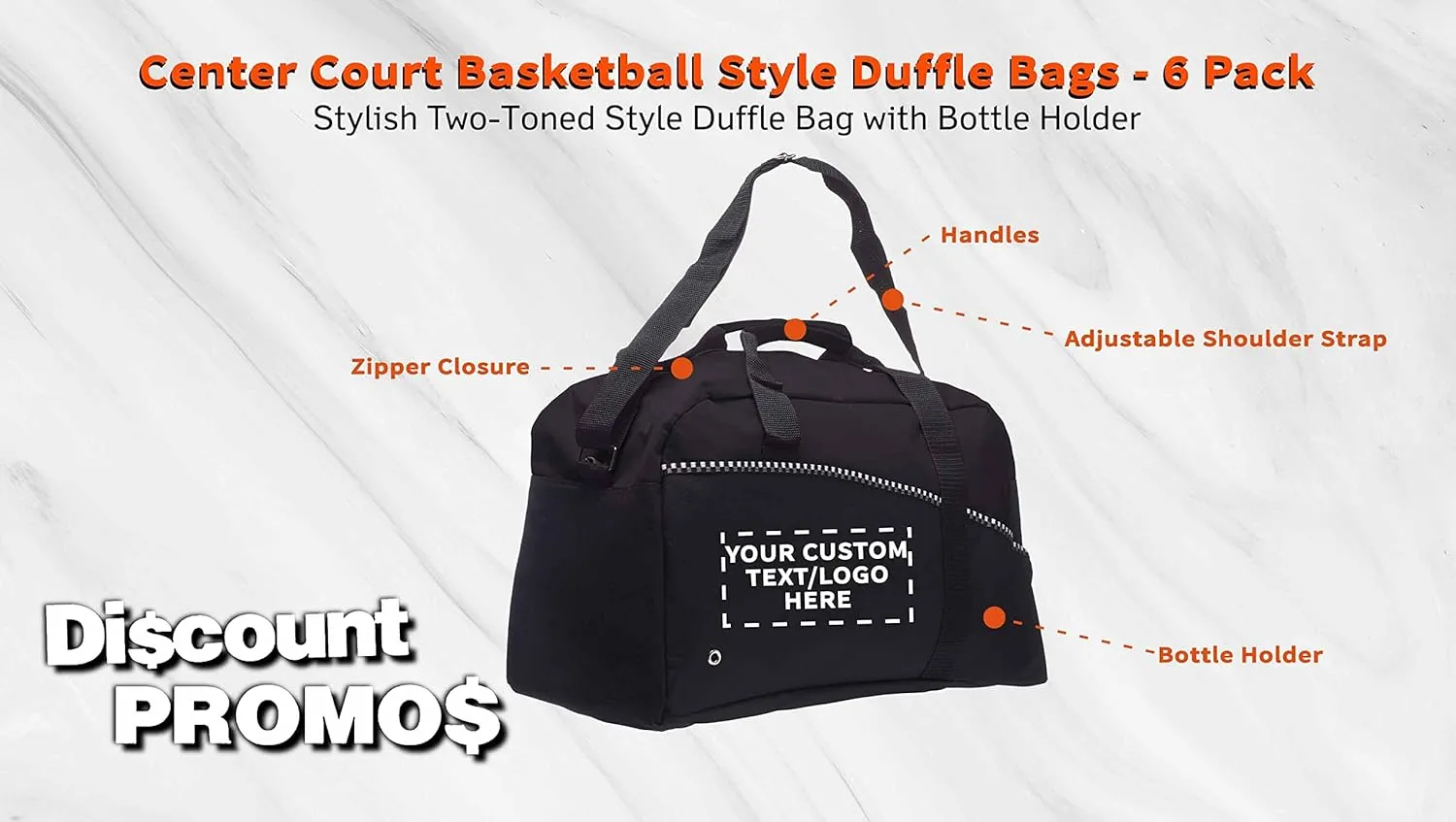 6 Center Court Duffel Bags Set - Customizable Text, Logo - Polyester, Zippered, Front Pocket, Adjustable Strap - Black