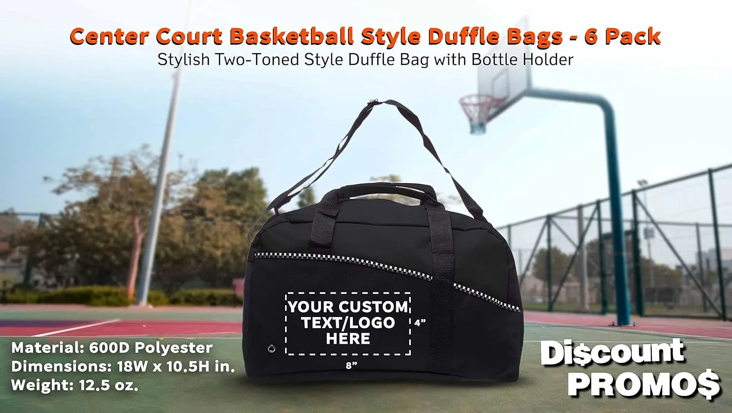 6 Center Court Duffel Bags Set - Customizable Text, Logo - Polyester, Zippered, Front Pocket, Adjustable Strap - Black
