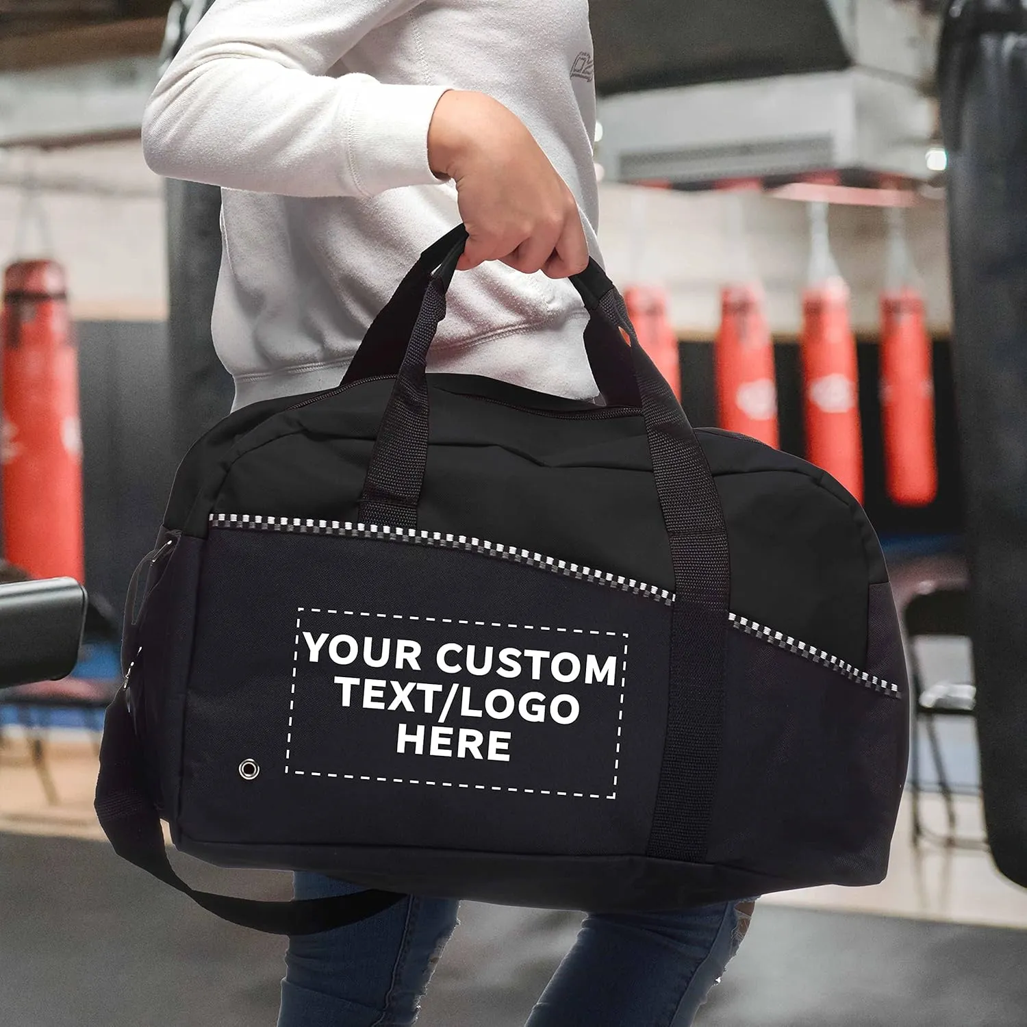 6 Center Court Duffel Bags Set - Customizable Text, Logo - Polyester, Zippered, Front Pocket, Adjustable Strap - Black