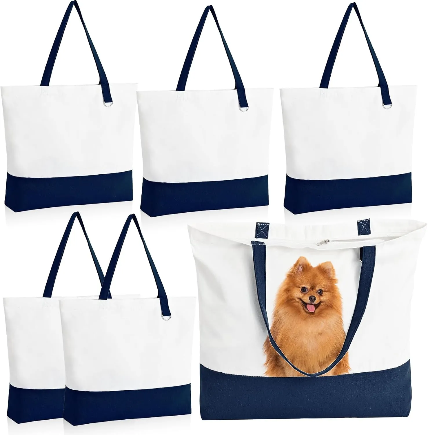 6 Pack Canvas Tote Bags with Zipper, Blank Reusable Grocery Bags, Widened Washable Bag with Inner Pocket, Shopping Travel Large Tote Bags for DIY Heat Transfer, Birthday Gifts, Mother's Day