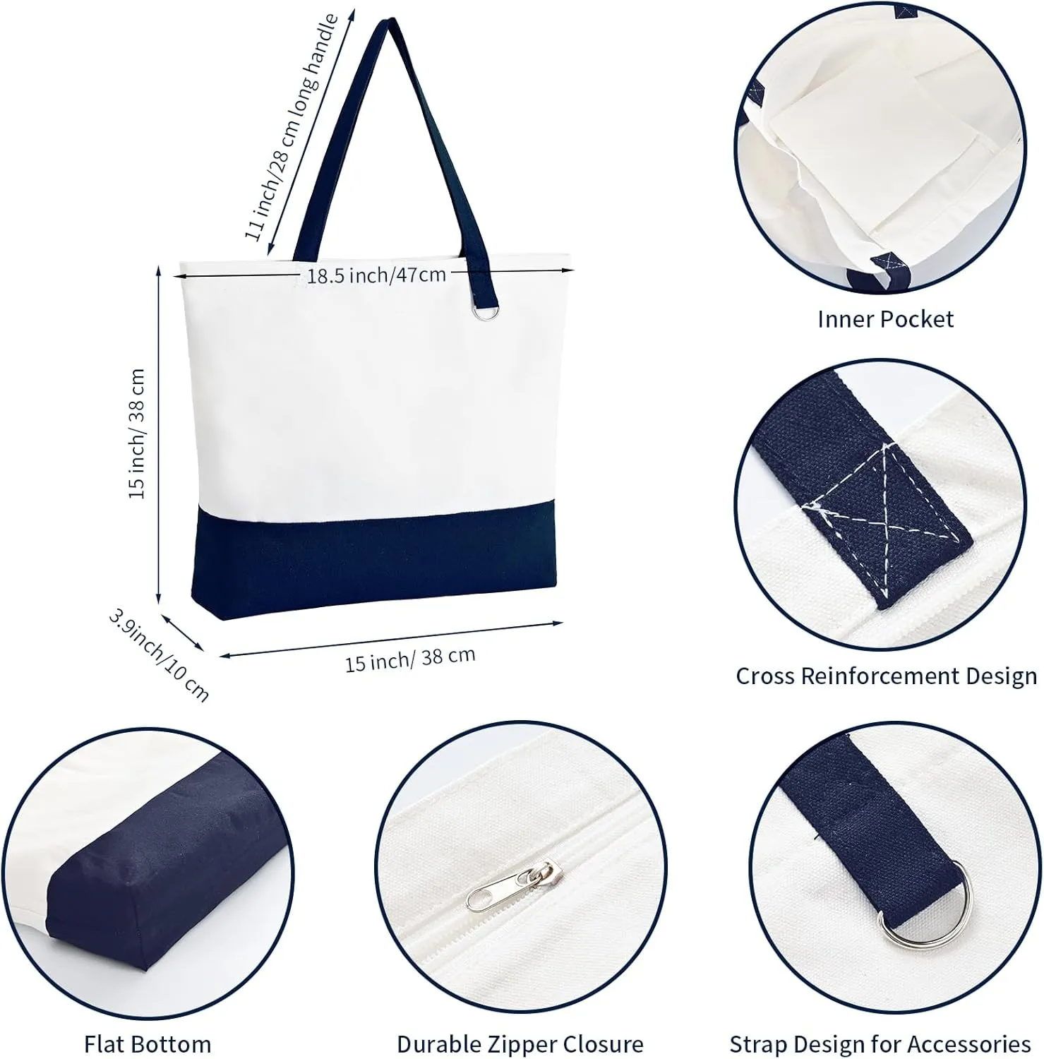 6 Pack Canvas Tote Bags with Zipper, Blank Reusable Grocery Bags, Widened Washable Bag with Inner Pocket, Shopping Travel Large Tote Bags for DIY Heat Transfer, Birthday Gifts, Mother's Day