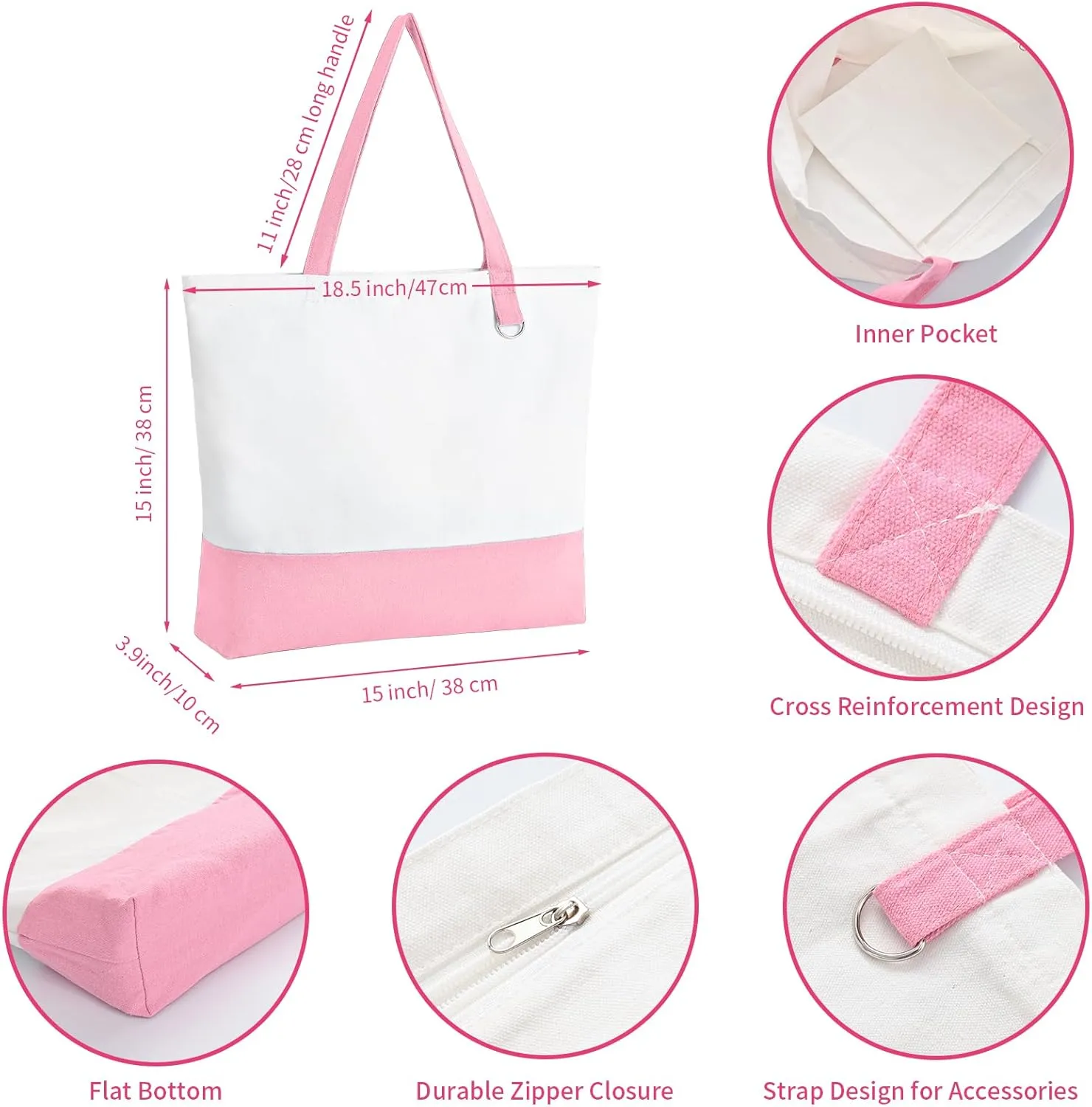 6 Pack Canvas Tote Bags with Zipper, Blank Reusable Grocery Bags, Widened Washable Bag with Inner Pocket, Shopping Travel Large Tote Bags for DIY Heat Transfer, Birthday Gifts, Mother's Day