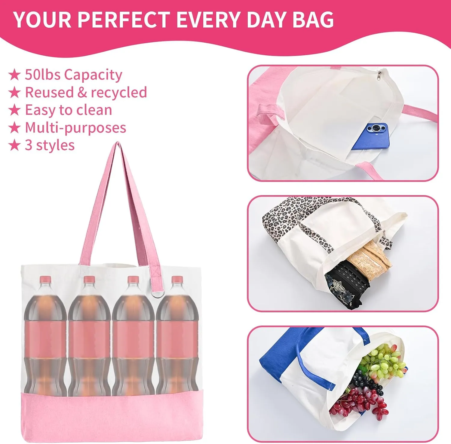 6 Pack Canvas Tote Bags with Zipper, Blank Reusable Grocery Bags, Widened Washable Bag with Inner Pocket, Shopping Travel Large Tote Bags for DIY Heat Transfer, Birthday Gifts, Mother's Day