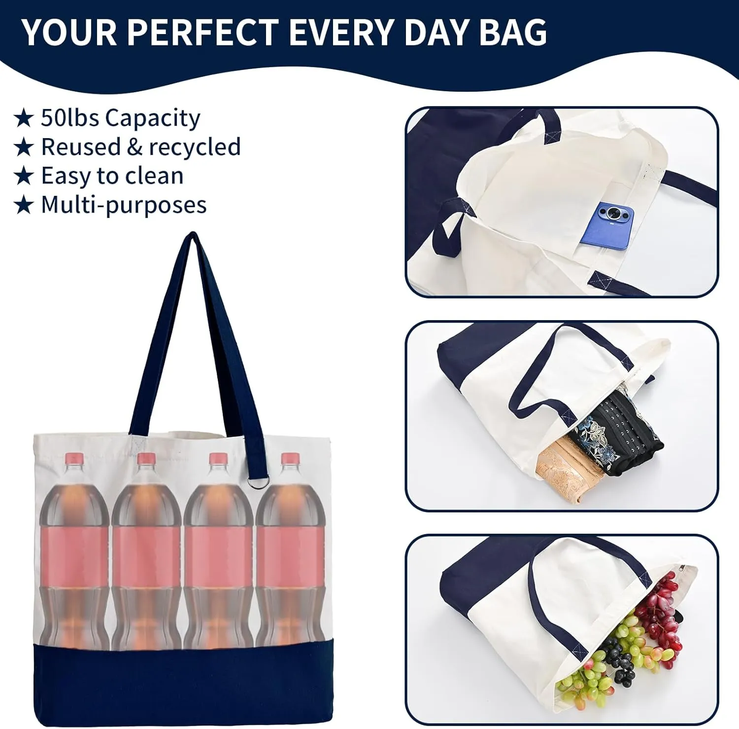 6 Pack Canvas Tote Bags with Zipper, Blank Reusable Grocery Bags, Widened Washable Bag with Inner Pocket, Shopping Travel Large Tote Bags for DIY Heat Transfer, Birthday Gifts, Mother's Day