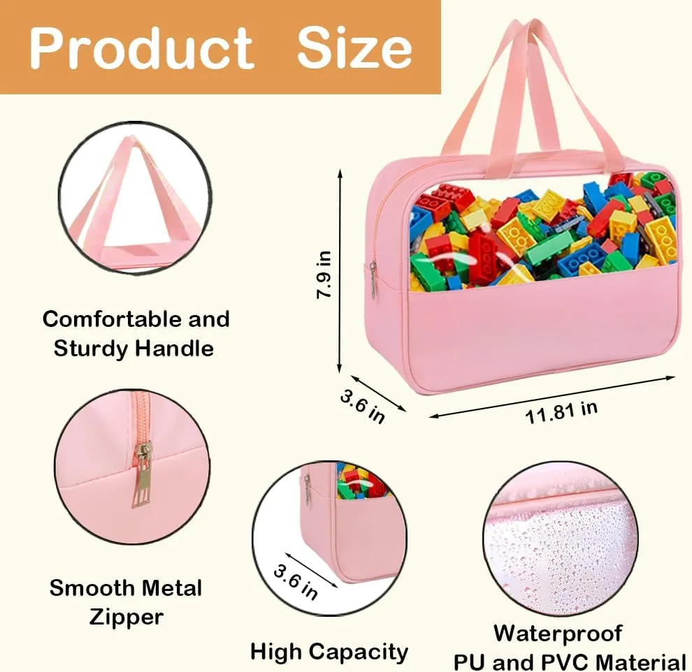 6 Packs Large Toy Storage Bags with Zipper, Reusable PU Leather Toy Organizer Bag with Labels for Building Blocks, 11.8″×7.9″×3.6″ Travel Organizer Bags for Puzzles, Cosmetics, Stationery