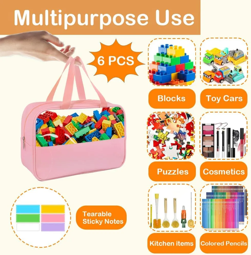 6 Packs Large Toy Storage Bags with Zipper, Reusable PU Leather Toy Organizer Bag with Labels for Building Blocks, 11.8″×7.9″×3.6″ Travel Organizer Bags for Puzzles, Cosmetics, Stationery