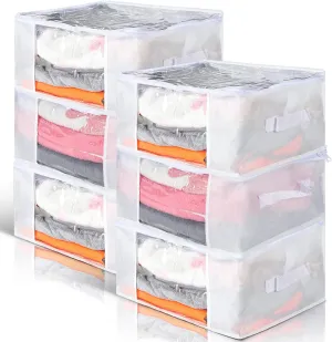 6 Pcs Clear Zippered Storage Bags Plastic Clothes Containers Fabric Blanket Organizer Large Storage Bins with Handles for Bedding Sheets Closet Blankets Toys (White, 16 x 12 x 8 Inch)