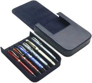 6Slots Leather Fountain Pen Case Collector Organizer - Handmade Pen Case Vintage Crazy Horse Print Leather Pen Protective Sleeve Cover Pen Storage Gift Box (6slot-Blue)