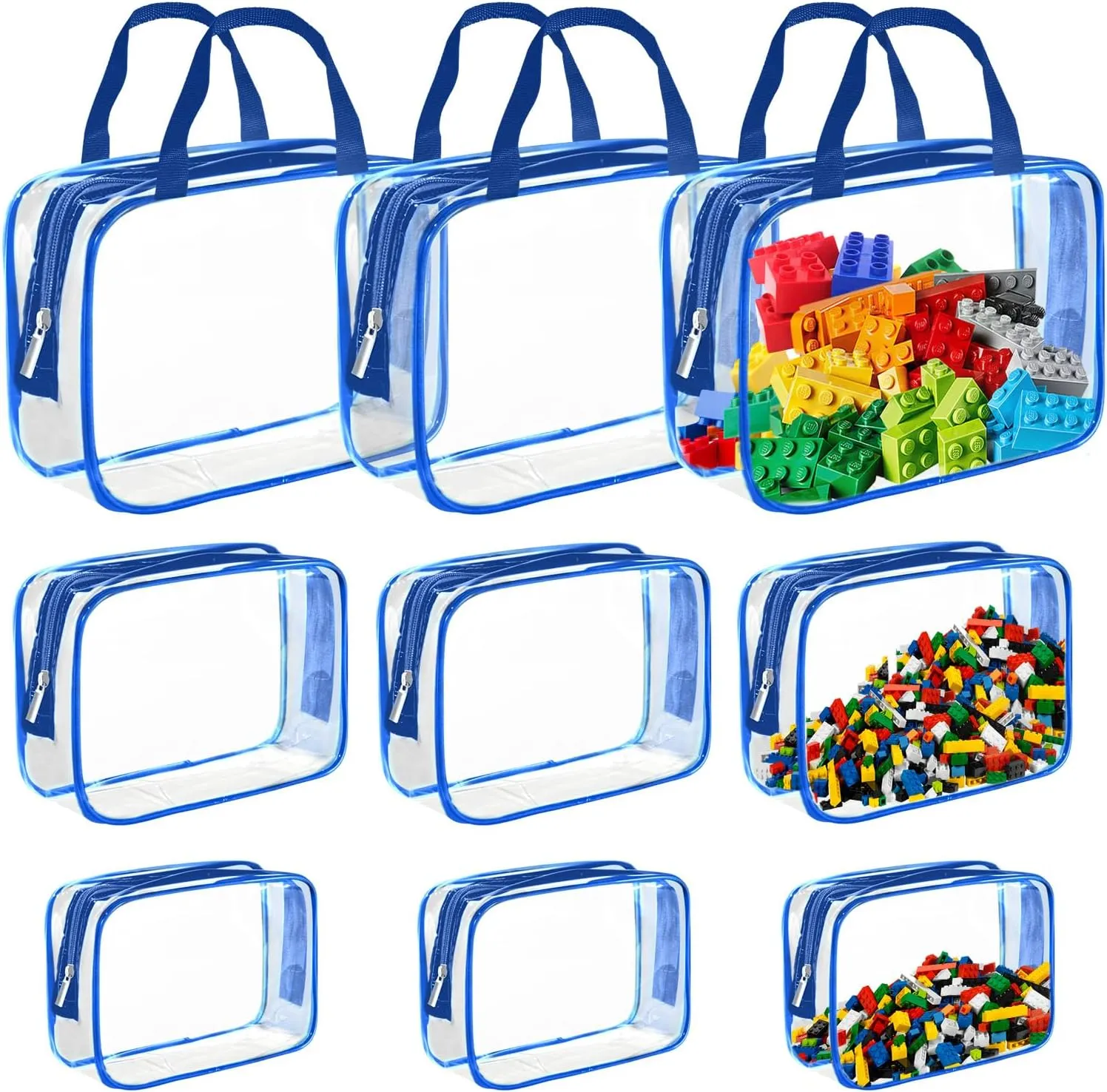 9 Packs Clear PVC Toy Storage Bags Toiletry Bags Waterproof Kids Zippered Toy Organizing Bags for Building Blocks Puzzle Stationery Blue