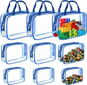 9 Packs Clear PVC Toy Storage Bags Toiletry Bags Waterproof Kids Zippered Toy Organizing Bags for Building Blocks Puzzle Stationery Blue