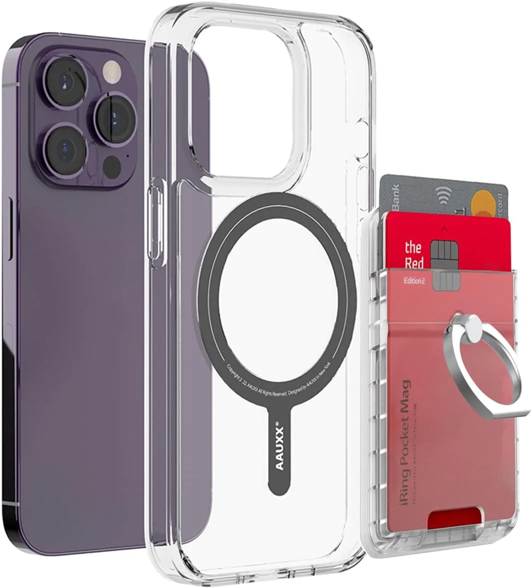AAUXX iRing Magnetic Case   Pocket Mag Bundle Version, Magsafe Compatible, iPhone 14 Pro, Clear Case, Strong Magnet, Smartphone Ring, Compatible with iRing, PocketMag, Magnetic, Clear