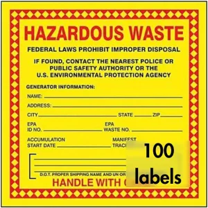 Accuform Hazardous Waste Adhesive-Poly Vinyl Label, Pack of 100, Legend Hazardous Waste - Federal Laws PROHIBIT Improper Disposal...Handle with Care, 6" x 6", Red/Black/Yellow, MHZW20EVC
