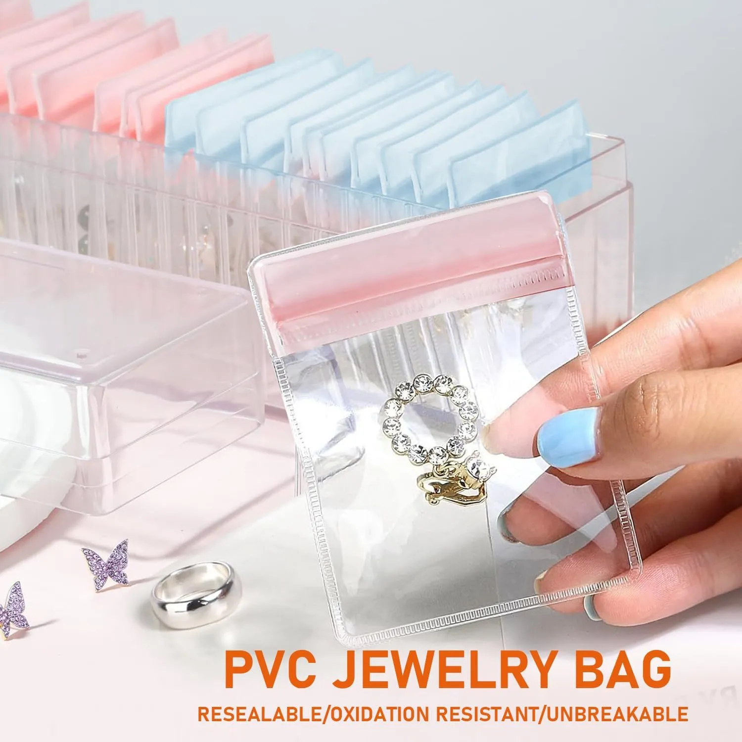 Acrylic Jewelry Box Organizer 2-Pack Clear Jewelry Organizer and Storage with 50 PVC Anti-Oxidizing Zipper Bags Travel Jewelry Case for Earring/Ring/Necklace Organizer Women & Girls Gift