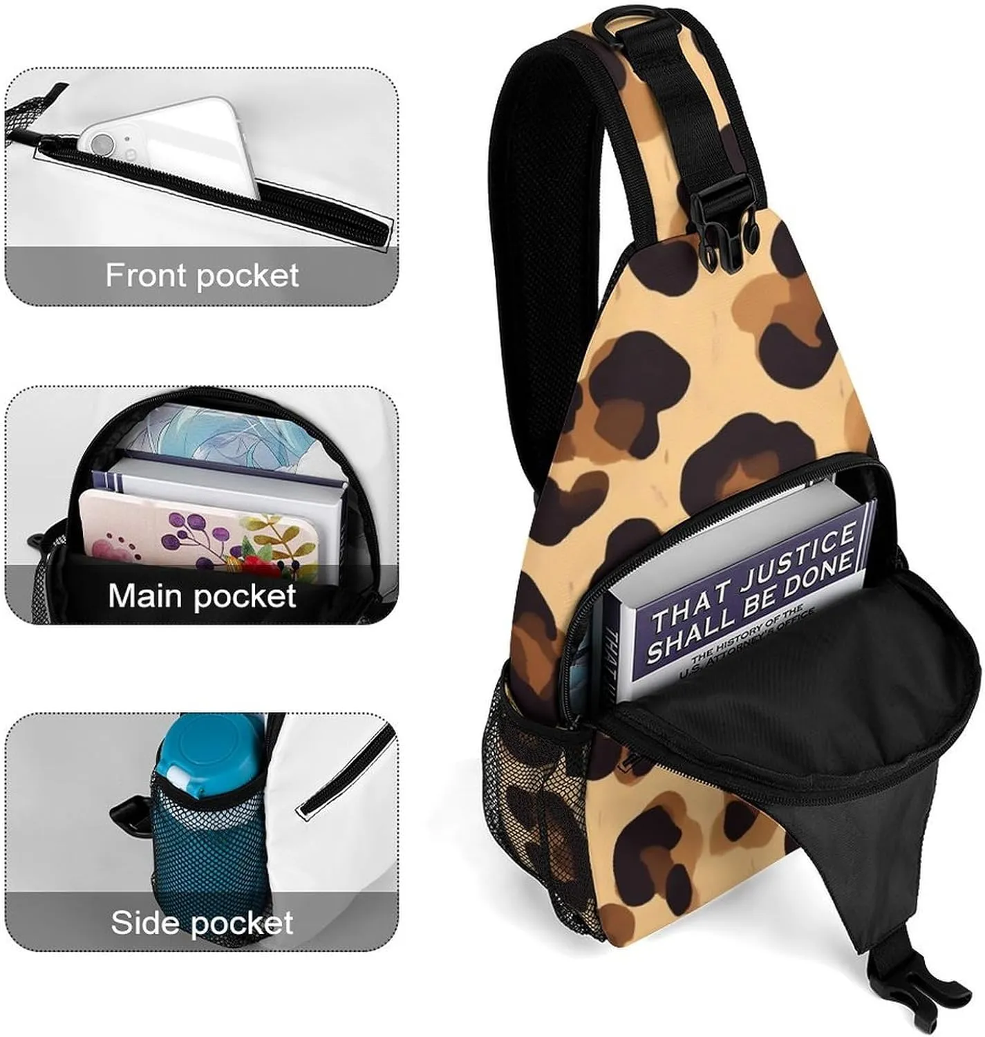 Adjustable Cool Cheetah Leopard Print Crossbody Backpack, Large Capacity Sling Bag Shoulder Pack with Buckles on both sides, Sling Bag with Multi-pockets and Strap