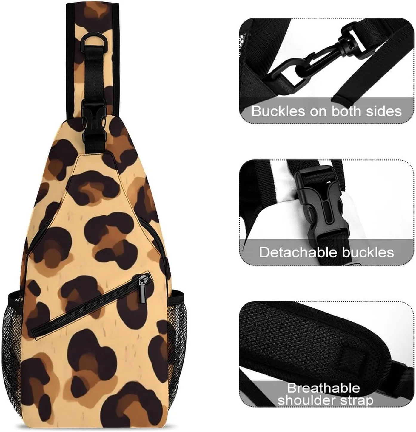 Adjustable Cool Cheetah Leopard Print Crossbody Backpack, Large Capacity Sling Bag Shoulder Pack with Buckles on both sides, Sling Bag with Multi-pockets and Strap