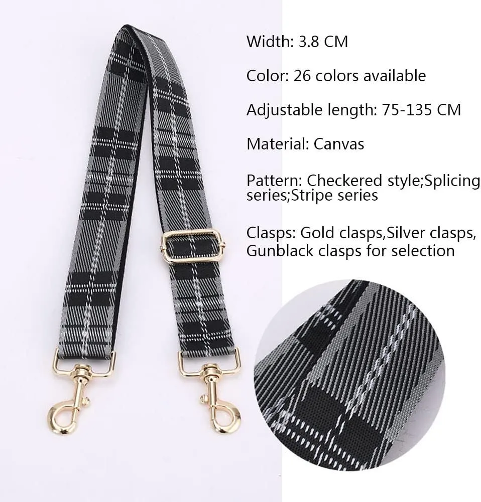 Adjustable Strap Replacement Crossbody Bag Canva-Strap Handbag Strap Replacement Shoulder-Strap With Clasp Plaid Dark Grey
