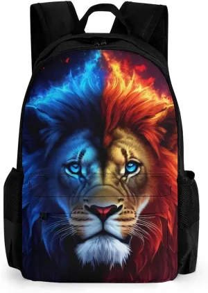 Adults Lightweight Cool Lion Blue And Red Fire Surreal Style Art Shoulder Book Bags Big Capacity Shoulder Bag With Adjustable Shoulder Straps for Trekking Work Walking Cycling