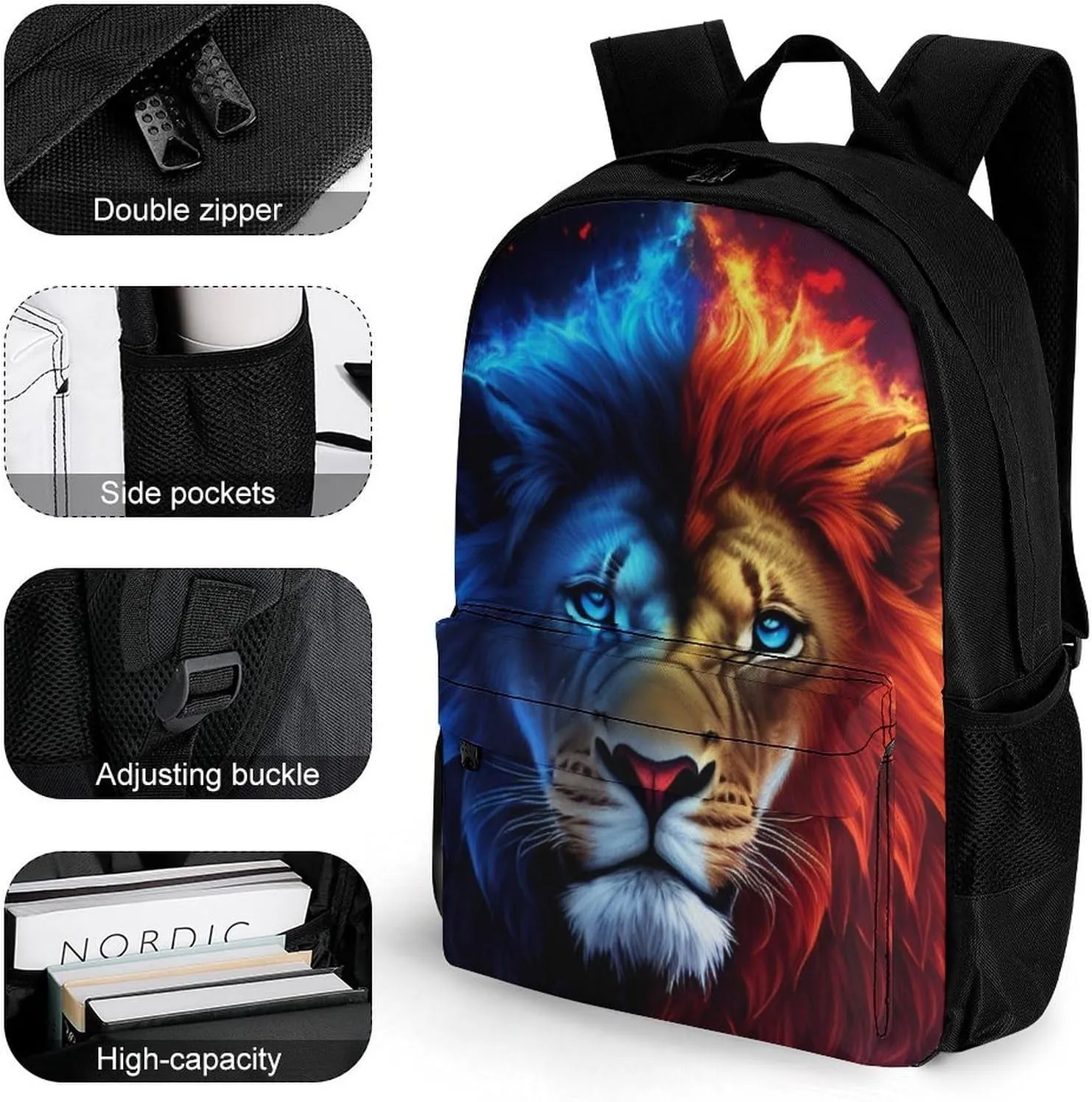 Adults Lightweight Cool Lion Blue And Red Fire Surreal Style Art Shoulder Book Bags Big Capacity Shoulder Bag With Adjustable Shoulder Straps for Trekking Work Walking Cycling