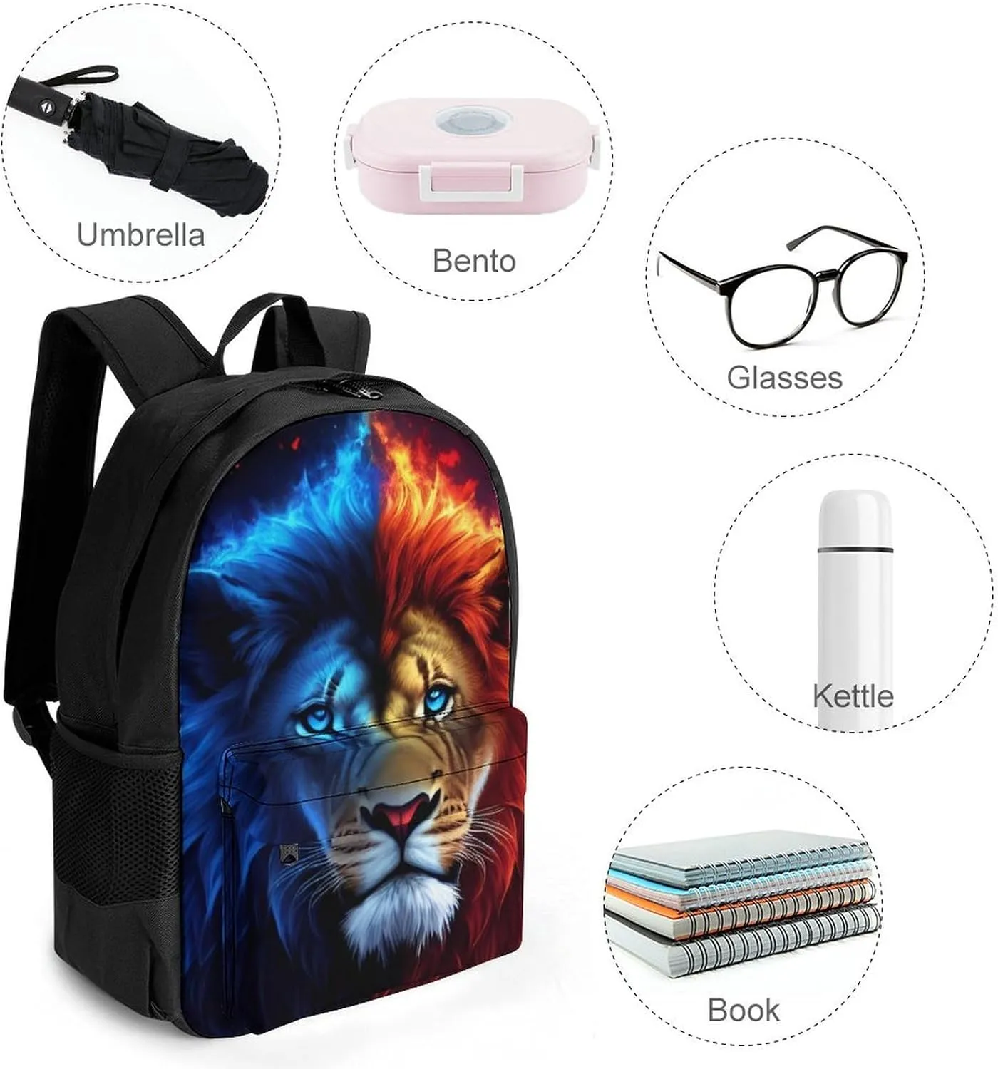 Adults Lightweight Cool Lion Blue And Red Fire Surreal Style Art Shoulder Book Bags Big Capacity Shoulder Bag With Adjustable Shoulder Straps for Trekking Work Walking Cycling