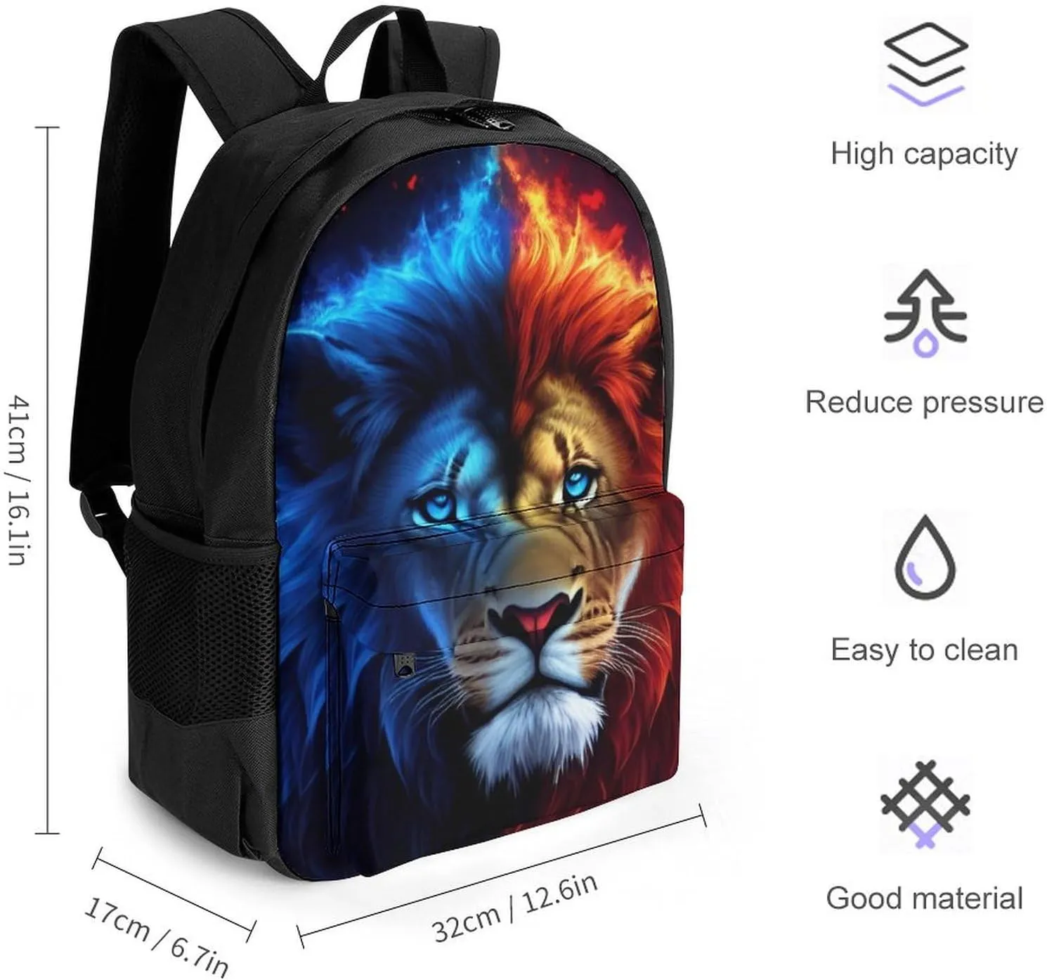 Adults Lightweight Cool Lion Blue And Red Fire Surreal Style Art Shoulder Book Bags Big Capacity Shoulder Bag With Adjustable Shoulder Straps for Trekking Work Walking Cycling