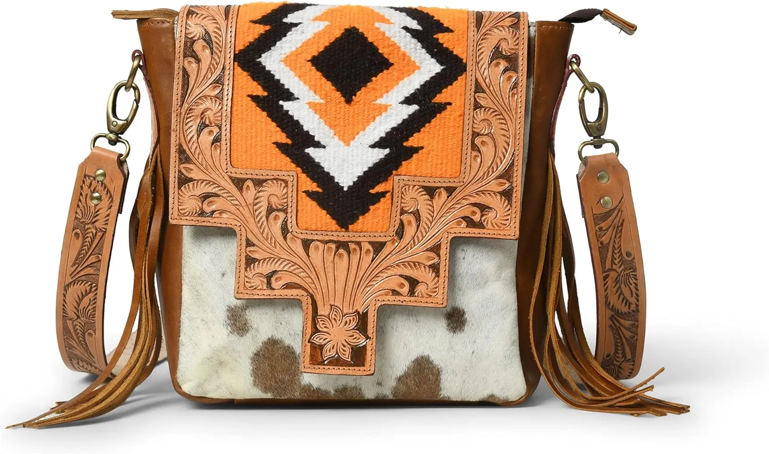 ADYAN Western Leather Crossbody Bag for Women Hand Tooled Cowhide Leather Sling Bag For Girls Handcrafted Floral Design Adjustable & Detachable Shoulder Strap Pefect for Travel College Office & Gift