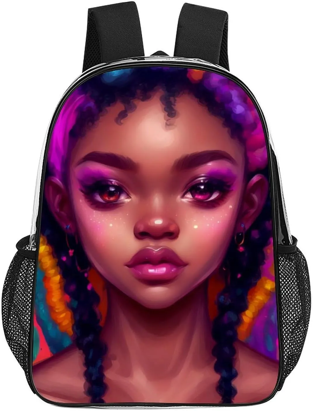 African American Women Black Womens Ethnic Art Rucksacks Transparent Anti-Theft Multipurpose Carry On Bag Large Capacity Gym Outdoor Hiking Backpack With Smooth Zippers