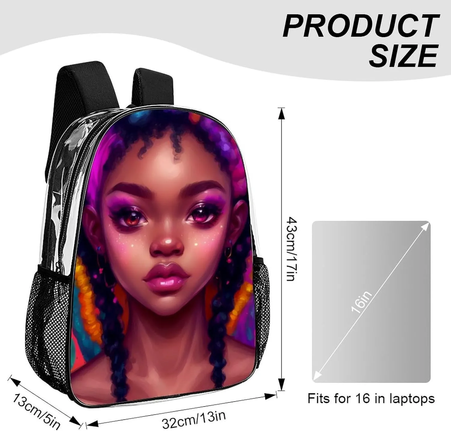 African American Women Black Womens Ethnic Art Rucksacks Transparent Anti-Theft Multipurpose Carry On Bag Large Capacity Gym Outdoor Hiking Backpack With Smooth Zippers