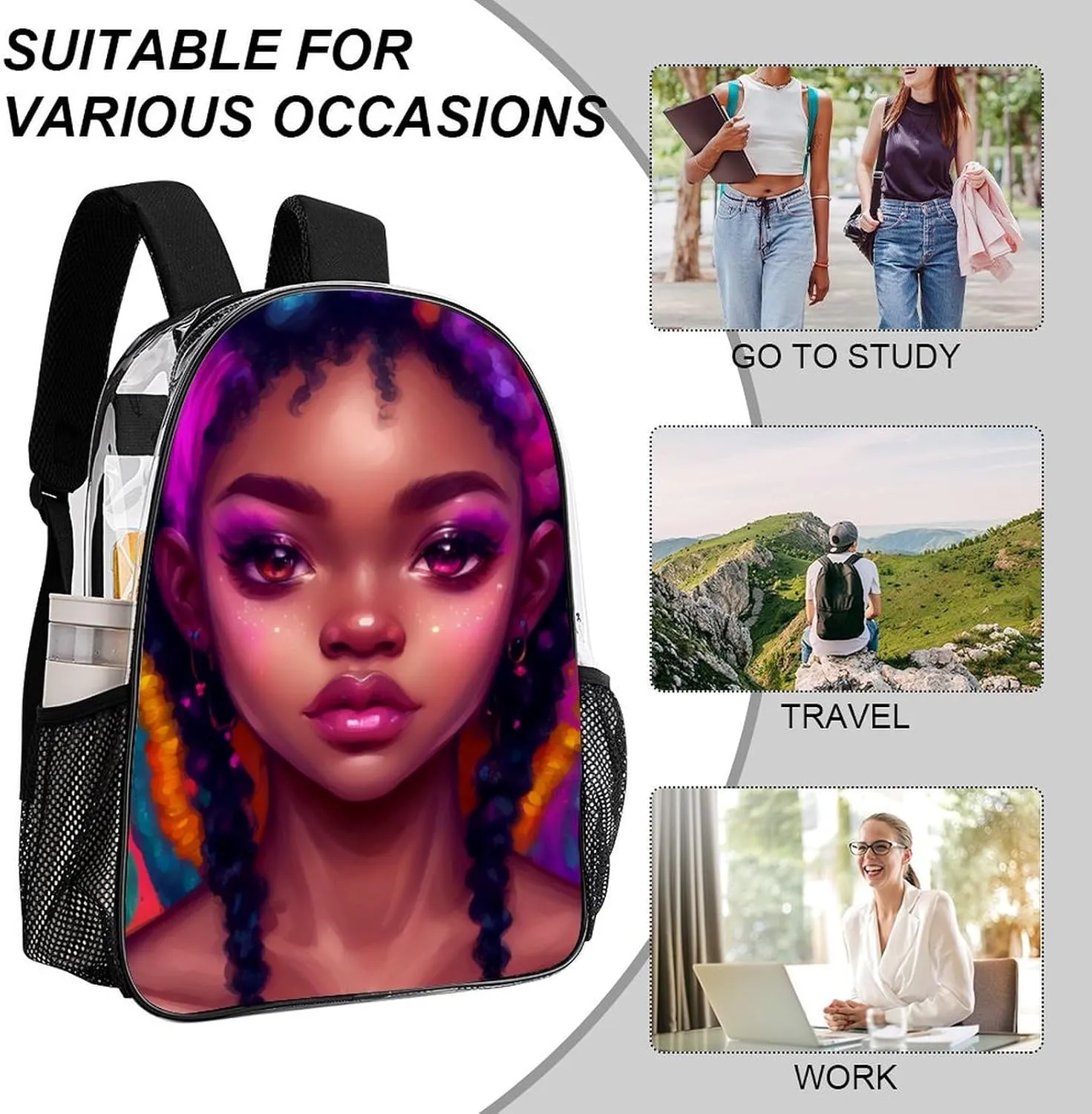 African American Women Black Womens Ethnic Art Rucksacks Transparent Anti-Theft Multipurpose Carry On Bag Large Capacity Gym Outdoor Hiking Backpack With Smooth Zippers