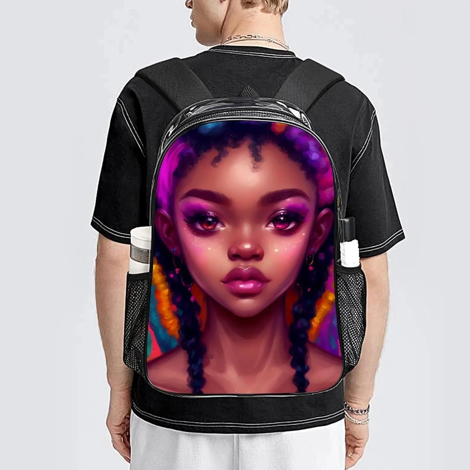African American Women Black Womens Ethnic Art Rucksacks Transparent Anti-Theft Multipurpose Carry On Bag Large Capacity Gym Outdoor Hiking Backpack With Smooth Zippers