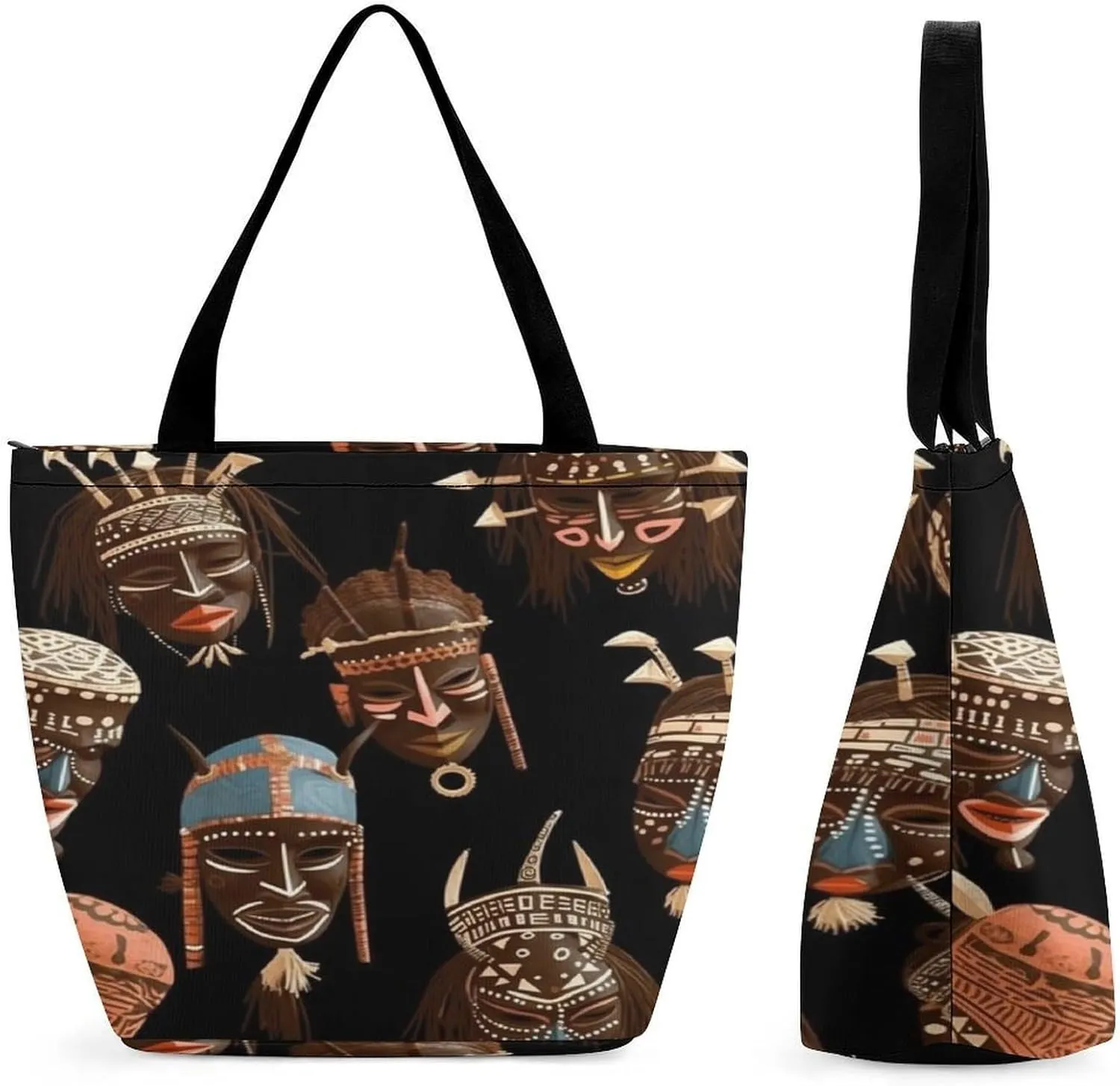 African Ritual Ethnic Tribal Tote Bags Reusable Grocery Bags Shopping Zippered Tote for Office Graduation Travel