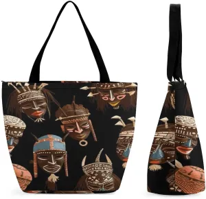 African Ritual Ethnic Tribal Tote Bags Reusable Grocery Bags Shopping Zippered Tote for Office Graduation Travel